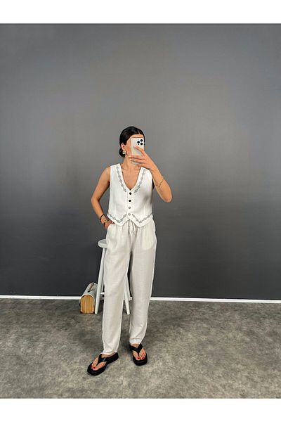 Le Savu Shilsee Premium White Muslin Trousers - Fringed and Legs