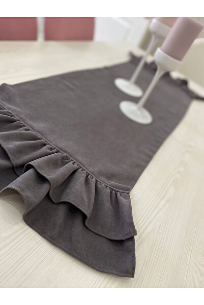 kozalak home Çift Kat Fırfırlı Pileli Füme Runner Çeyiz , Kuyu Gri Ranner, Pa...