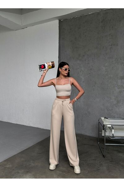 Babelook Ψηλόμεσο κορδόνι μπεζ Palazzo Sweatpants - Φαρδύ πόδι Modal ύφασμα