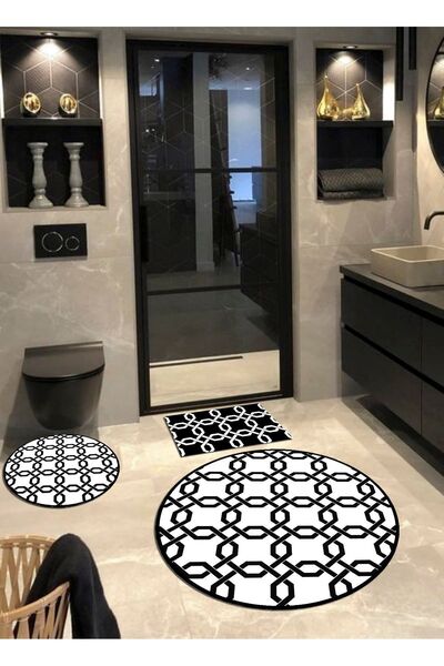 Ardizayn Chain, Cotton Woven Base Round Bath Rug (100x100-60x60-40x60 Cm Set of 3)