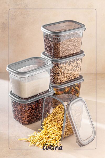 Stile Cucina 1300 ml Anthracite 6-Piece Large Size Rectangular Storage Set with Plastic Lid - Labeled