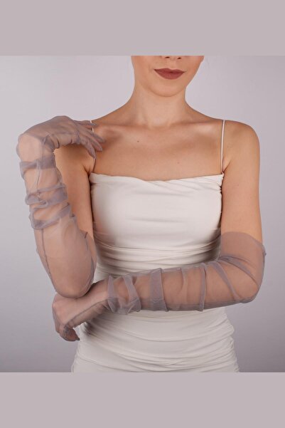 Hayalperest boncuk Long Gray Tulle Gloves - Stylish Gloves for Bride, Wedding and Wedding