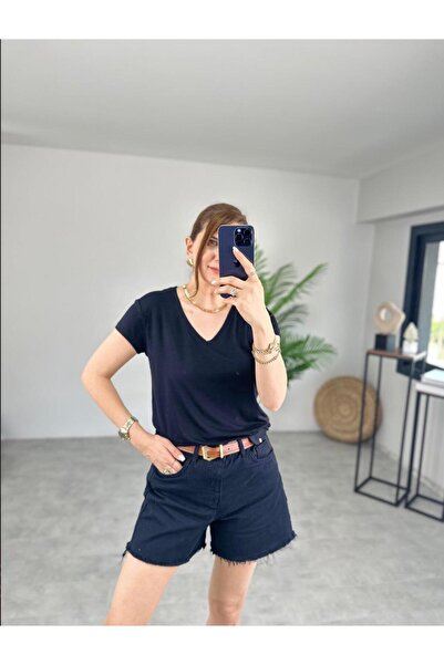 Bleu Petite Tricou de bază cu decolteu în V pentru damă