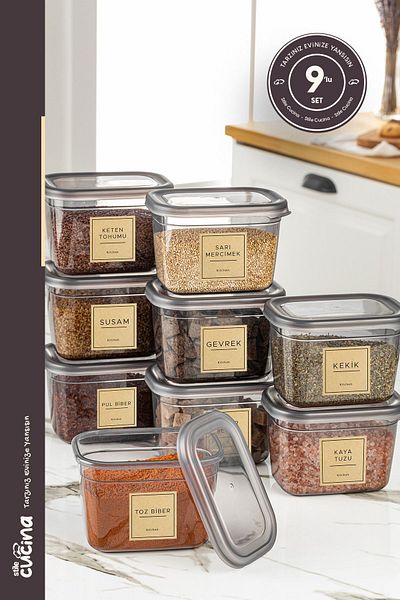 Stile Cucina 800 ml Anthracite 9-Piece Large Size Rectangular Storage Set with Plastic Lid - Labeled
