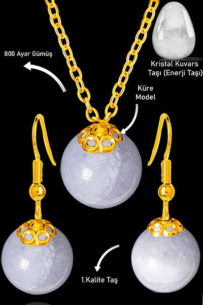 Tesbih Atölyesi Gold Globe Model Certified Crystal Quartz Necklace and Earring Set - Silver Apparatus