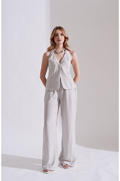 Rabia Çelik Gray Linen Fabric Women's Set with Vest
