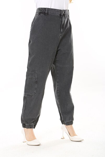 Şans Plus Size Smoke Colored Cargo Pocket Jeans - Elastic Leg 65N38028