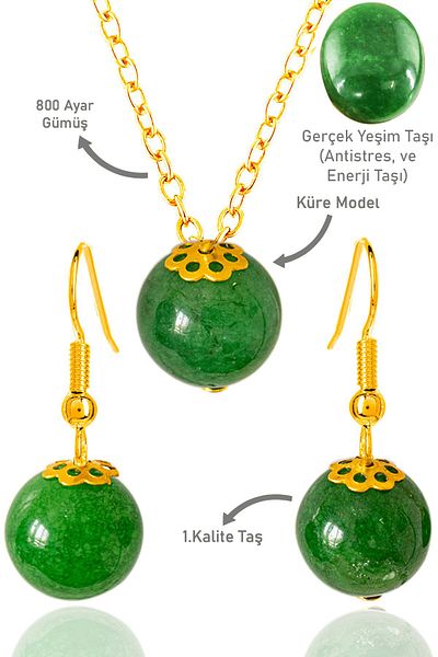 Tesbih Atölyesi Gold Globe Model Jade Stone Necklace and Earring Set - Silver Apparatus, Certified