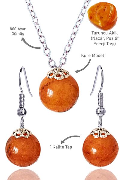 Tesbih Atölyesi Orange Agate Stone Globe Model Necklace and Earring Set - Silver Apparatus