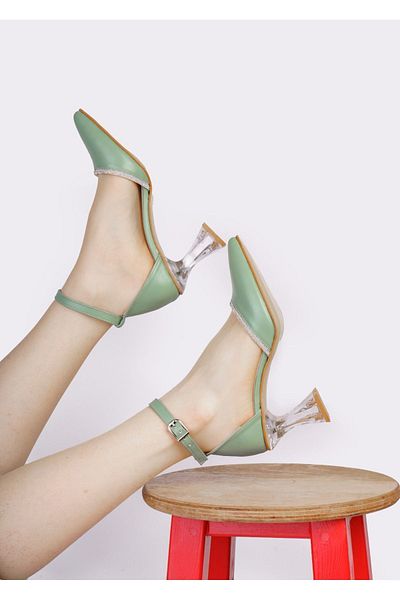 Ayalbuzenne Mint Green Stone Detailed Slit Evening Dress Shoes