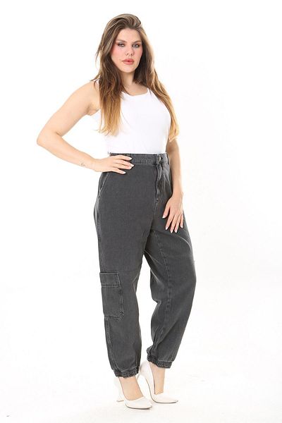 Şans Plus Size Smoke Colored Cargo Pocket Jeans - Elastic Leg 65N38028