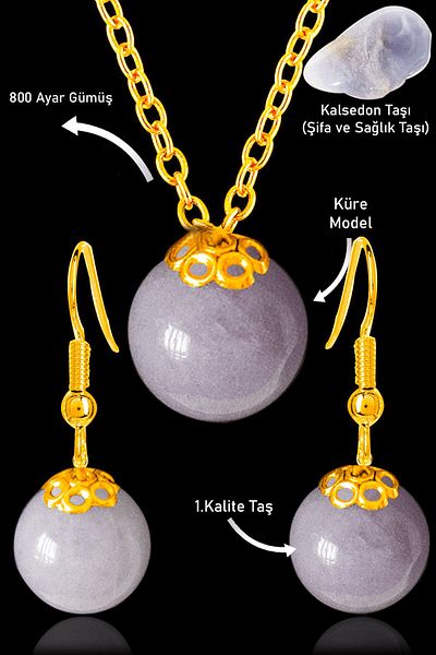 Tesbih Atölyesi Gold Globe Model Blue Chalcedony Stone Necklace and Earring Set - Certified with Silver Apparatus
