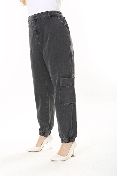 Şans Plus Size Smoke Colored Cargo Pocket Jeans - Elastic Leg 65N38028