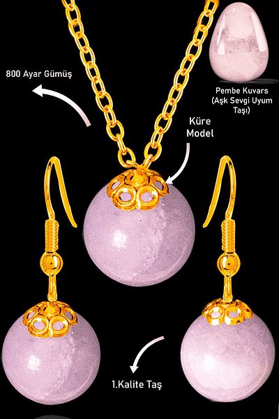 Tesbih Atölyesi Gold Globe Model Pink Quartz Stone Necklace and Earring Set - Light Color