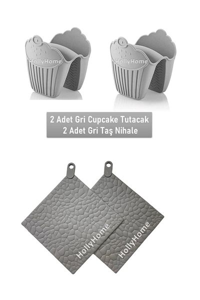 HOLLYHOME 4 Pieces Silicone Trivets+Holder; 2 Pieces Gray Trivets, 2 Pieces of Oven Holders, under Pot Teapot