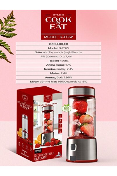 DEANB BPA İÇERMEZ TURBO Buz Kırıcı Paslanmaz 6 Çelik Bıçaklı Şarjlı 450 ml Taşınabilir Kişisel BLENDER