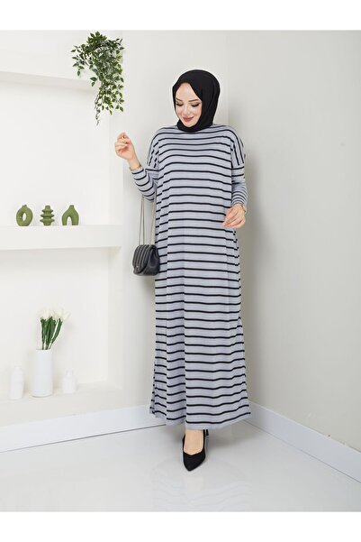 MODAMÜNASİP Φορέστε το υπέροχο μας χτενισμένο βαμβακερό ριγέ φόρεμα που δεν αναγνωρίζει τη γραμμή της μέσης