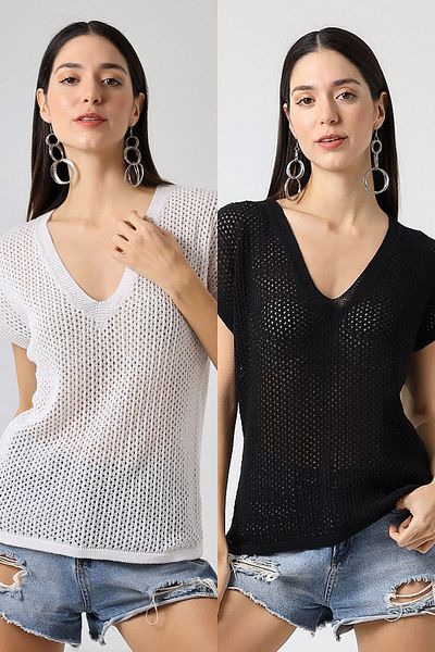 Devinka Tricou cu decolteu în V, supradimensionat, cu decolteu în V, negru-alb
