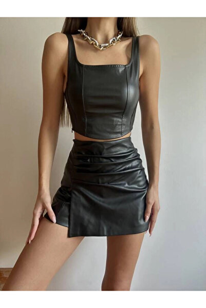 Zechka Women's Black Back Detailed Strapped Leather Bustier (Zck0598)