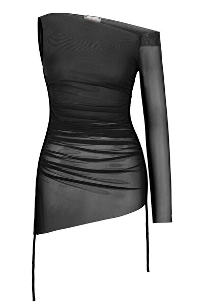 AQUELLA Tek Omuz Siyah Tül Plaj Elbise