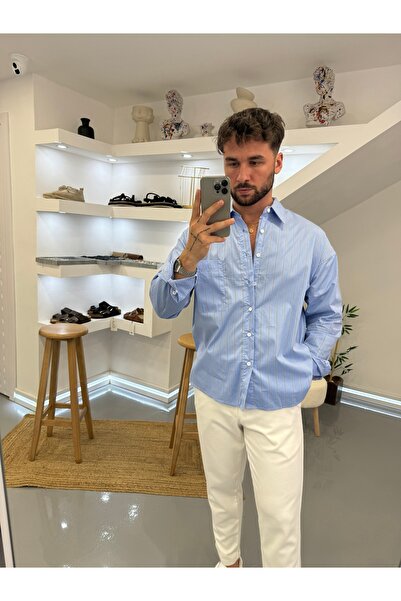 UTTBASİC Açık Mavi Modal Çizgili Oversize Gömlek