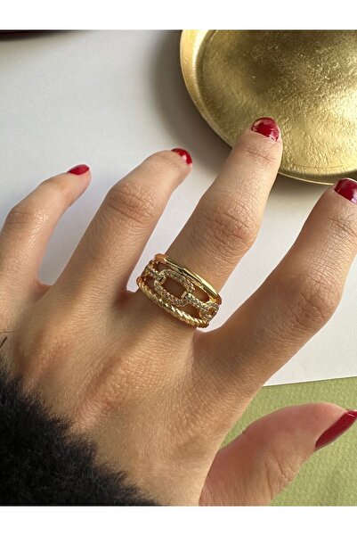 ringbox Gold Zirkon Taşlı 3 Sıra Zincir Yüzük