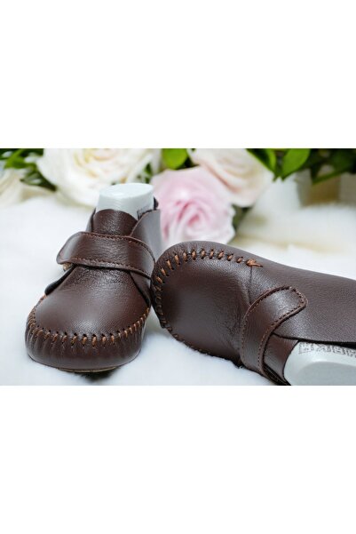 Akdam Hakiki Dana Derisi Bebek Tabanlı İlk Adım Ayakkabısı - Kahverengi Tabanlı Cırtlı Saraçlı Bebe