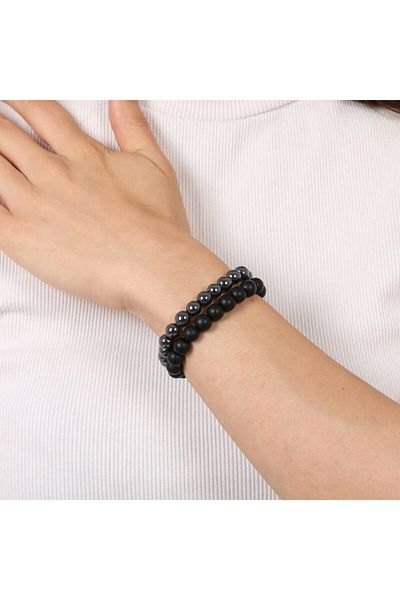 Mystic Energy Certified Natural Stone Onix (Onix) Hematite Set of 2 Bracelets |   Gift Natural Stone
