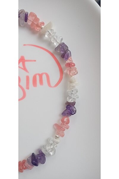 Mudita Tasarım Doğal Ametist, Kuvars,aytaşı Karışık Pembe Kelebek Kolye