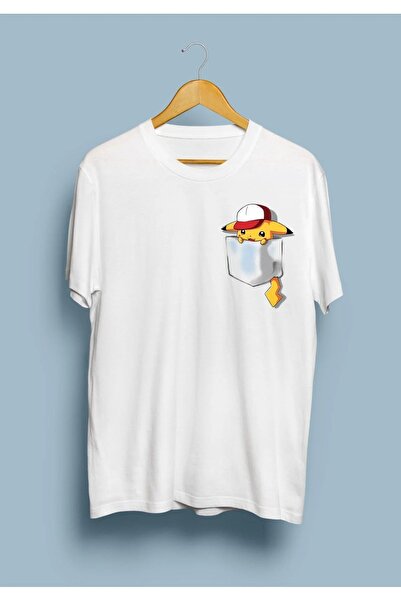 Genel Markalar Unisex Cep Tasarım Pikachu Baskılı Oversize Beyaz T-shirt