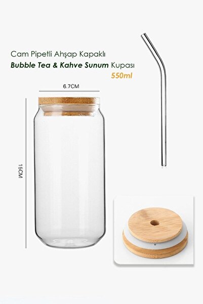 safestore 550ml Bubble Tea and Borosilicate Coffee Glass - Heat Sensitive, with Straw and Wooden Lid