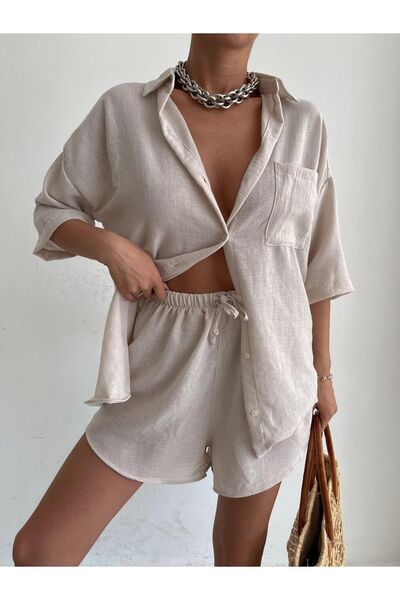 LB Laluna Butik Women's Cream Linen Fabric Oversize Shirt Shorts Set