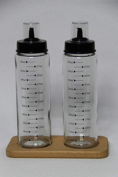 safestore 2 Pieces 500 ml Oil Pot with Wooden Base Stand Non-Drip Smart Glass Oil Pot