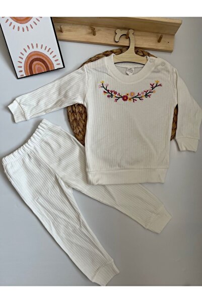 Miraydın Butik طقم قطني مكون من قطعتين مطرز بالزهور للفتيات الصغيرات - مجموعة...