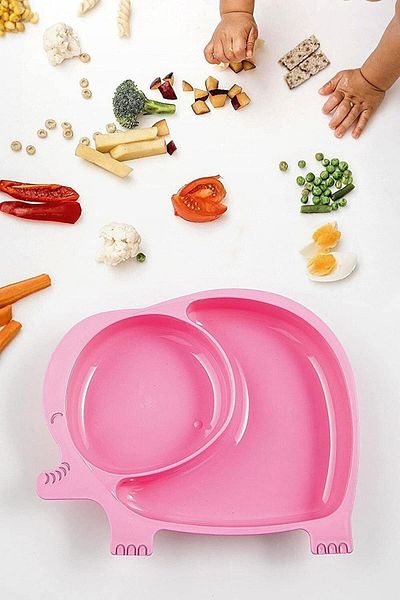 safestore Cute Elephant Model Patterned Food Baby Food Container and Plate with Compartments for Baby and Child Pink