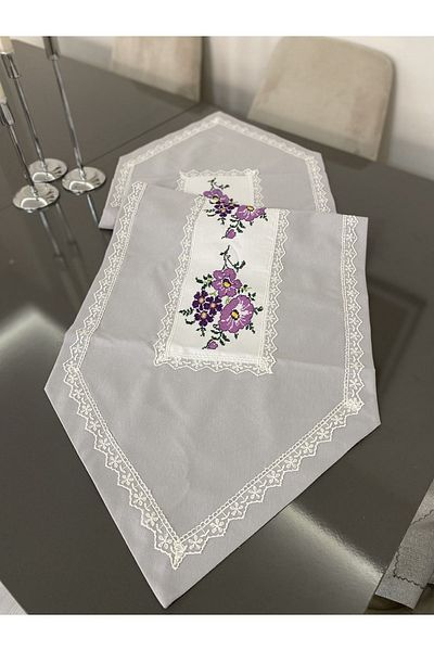 Parla Life Cross Stitch Embroidered Gray Linen Runner (Special Size Made)