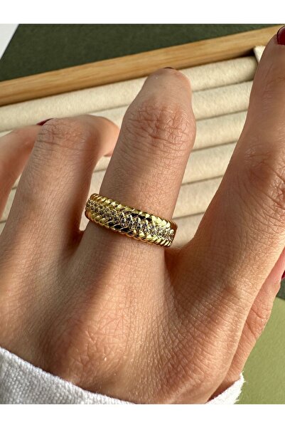 ringbox Gold Örgü Model Zirkon Taşlı Yüzük
