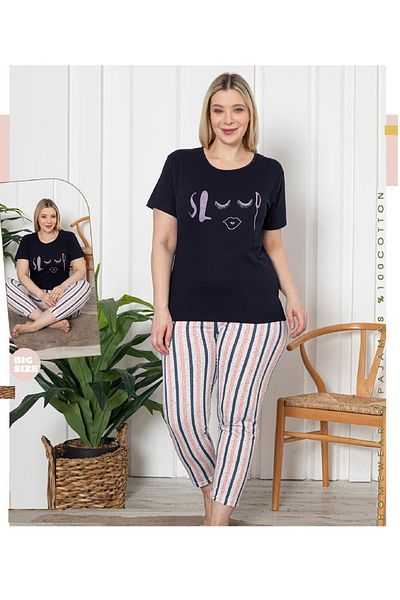 A&K ZÜMRA Women's Summer Combed Cotton Pajama Set Navy Blue