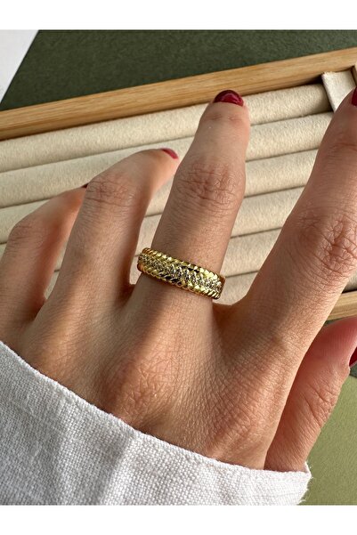 ringbox Gold Örgü Model Zirkon Taşlı Yüzük