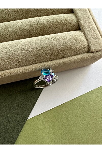 ringbox Mavi Mor Taşlı Gümüş Renk Yüzük