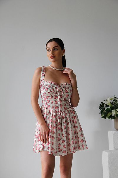 WOWBUTİK Rochie mini premium - alb, roșu, corset detaliat și bretele cu model trandafiri