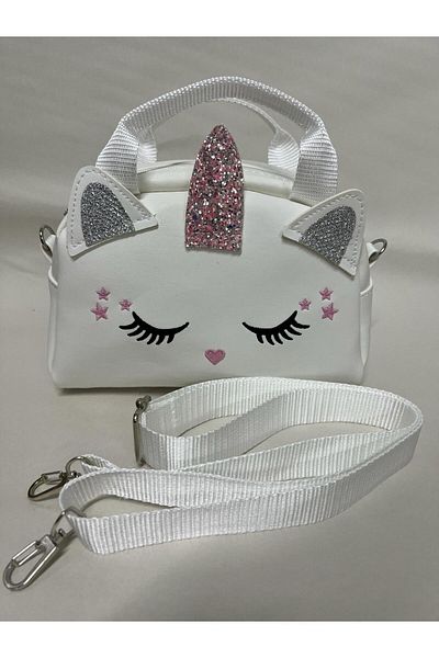 çantaevim Geantă de umăr pentru fetiță albă cu bretele cu sclipici unicorn