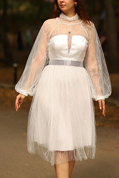 PHUDRA LİNE Kadın Midi Boy Tamamı Tül Uzun Kol Abiye Elbise Kına Nikah Düğün Isteme Söz Mevlüt Parti Elbise