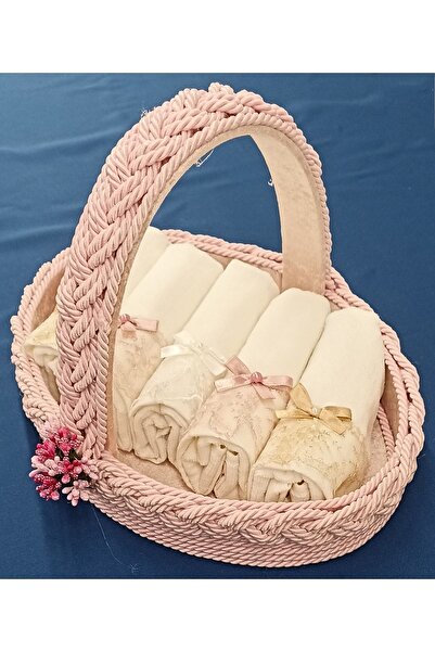 FNT Oval Handle Knitted Basket 5 Pieces 30*50 cm Cotton Scalloped Bow Small T...