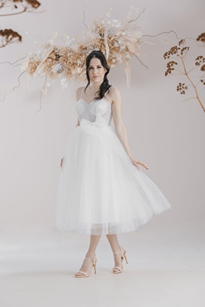 bride in love Tül Etekli Midi Boy Transparan Gelinlik Nikah Elbisesi