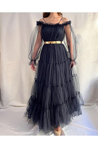 FASHİONCLUB Kadın Lacivert Tamamı Tül Uzun Boy Uzun Kol Düğün Nişan Kına Isteme Davet Abiye Elbise