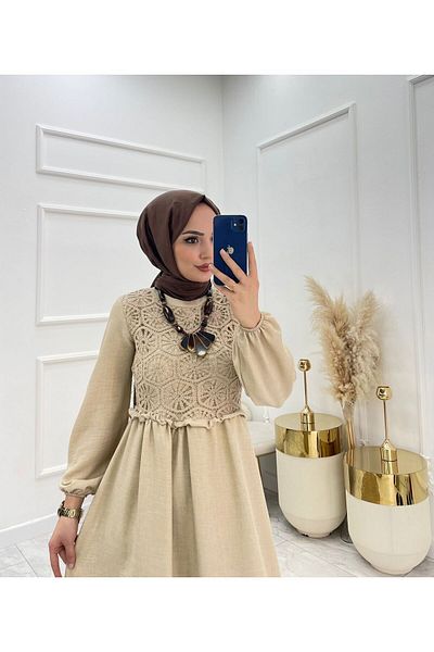 BAV Butik Ayvitrin Women's Melenj Linen Hijab Dress Cream
