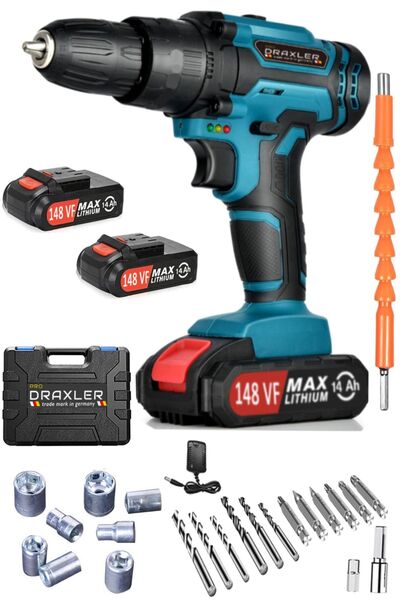 Pro Draxler Blue 148 Vf 14 Ah Wick Seri Premium Çift Akülü Şarjlı Matkap Akse...