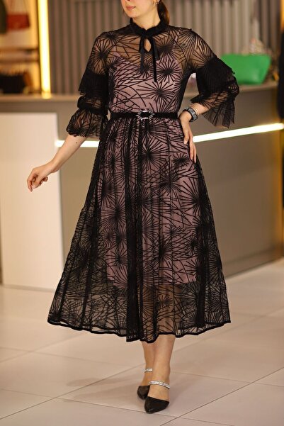 degaje Kadın Siyah Midi Boy Dantel Detaylı Abiye Düğün Nişan Kına Mevlüt Gece Davet Elbise