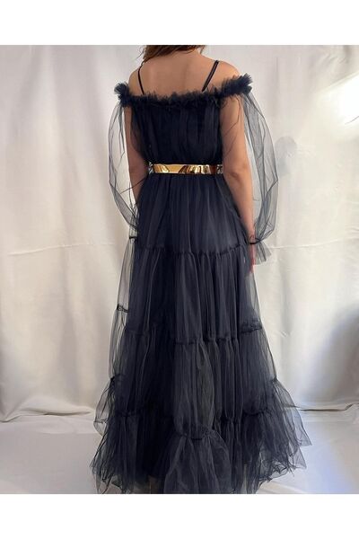 FASHİONCLUB Kadın Lacivert Tamamı Tül Uzun Boy Uzun Kol Düğün Nişan Kına Isteme Davet Abiye Elbise